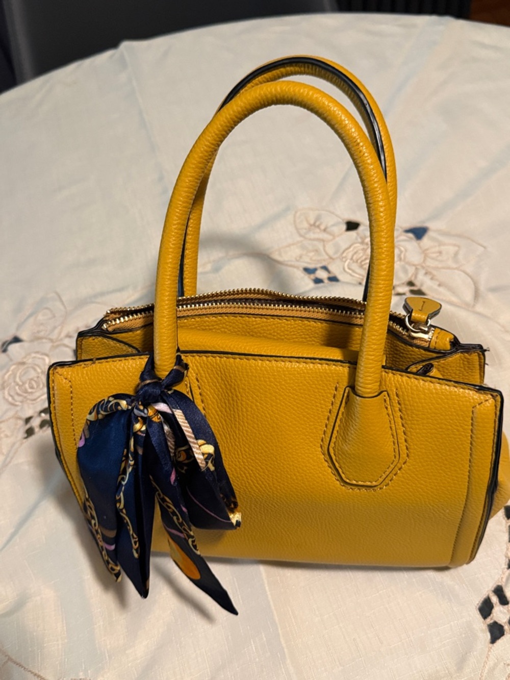 Aldo Yellow Pebbled Leather Top-Handle Satchel with Navy Scarf